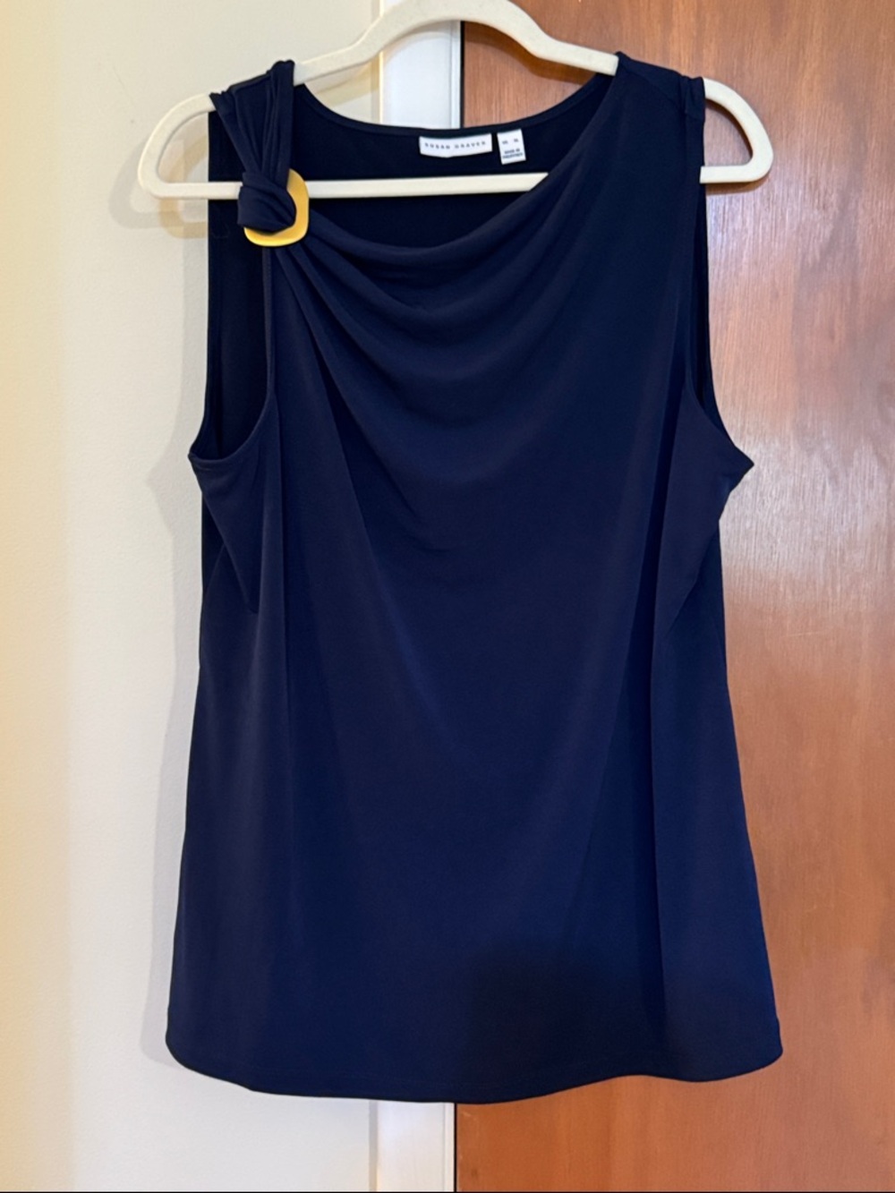 Susan Graver Navy Sleeveless Drape Top with Gold Ring Accent
